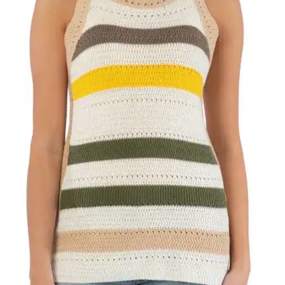 Kut from the Kloth Striped Crochet Tank in White, Olive, Beige & Yellow